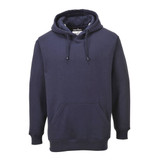 A navy blue hoodie featuring a front pocket and drawstring hood, with a discreet logo on the design.