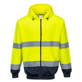 A bright yellow and navy zip-front hoodie with reflective stripes and a hood. It features a logo on the front.