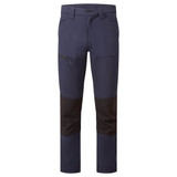WX2 Eco Stretch Work Pants in navy blue with black panels. Includes zippered pocket and branding.