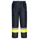 Hi-Vis contrast freezer pants in black with bright yellow reflective stripes and a drawstring waist. Features pockets and a logo.