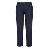 A pair of ladies' slim fit work pants in navy blue with a logo on the waistband.