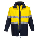 A cotton jacket in bright yellow and navy, featuring reflective strips and a zip front, with a logo on the chest.