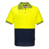 A short-sleeve polo shirt in high visibility yellow and navy, featuring a pocket and a logo.