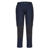Navy blue pants with grey accents, featuring multiple pockets and a fitted design, displayed against a plain background.