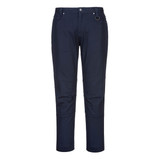 Slim fit work pants in navy blue, featuring a classic design and a logo on the waistband.