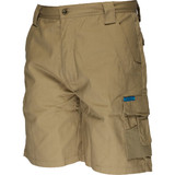 Khaki cargo shorts featuring multiple pockets and a brand logo. Ideal for outdoor wear.