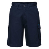 Navy blue cotton cargo shorts with a side pocket and a button closure. Features a logo on the waistband.
