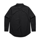 A black button-up shirt with long sleeves and a back pleat. The shirt features a collar and cuffs, with a logo.