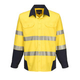 A Hi-Vis work shirt in yellow with navy blue sleeves and reflective stripes, featuring a brand logo.