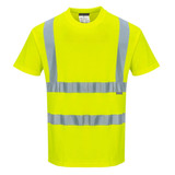 A bright yellow short-sleeve t-shirt with reflective stripes and a brand logo.