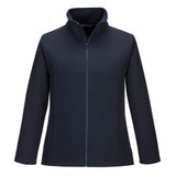 A navy softshell jacket featuring a full front zip and side pockets, with a collar and a logo.
