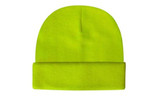 A luminescent safety beanie in bright yellow, featuring a foldable cuff, with a logo visible. A luminescent safety beanie in bright yellow, featuring a foldable cuff, with a logo visible.