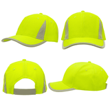 A bright yellow cap featuring reflective inserts and trim, showcasing multiple angles and a logo on the front.
