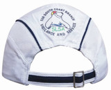 A white cap featuring mesh side panels and a peak, with a logo on the back.