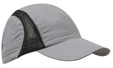 A grey sports cap featuring mesh panels and reflective trim, with a logo on the front.