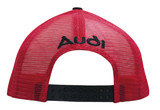 A red cap with a mesh back, featuring a logo. The adjustable strap is visible at the back.