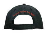 A dark grey cap with a back closure and an embroidered logo in orange. A dark grey cap with a back closure and an embroidered logo in orange.