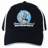 A black cap with white accents, featuring a logo on the front and inserts on the peak and crown. A black cap with white accents, featuring a logo on the front and inserts on the peak and crown.