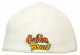 A white cap with a logo on the front, featuring a mesh design and a fitted style. A white cap with a logo on the front, featuring a mesh design and a fitted style.