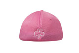 A pink sandwich mesh cap featuring a decorative logo and a breathable design. A pink sandwich mesh cap featuring a decorative logo and a breathable design.