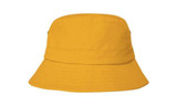 A yellow bucket hat with a wide brim, featuring a logo on the side. A yellow bucket hat with a wide brim, featuring a logo on the side.