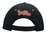 A black cap featuring orange detailing and a logo on the back. Includes a snapback closure for adjustment.