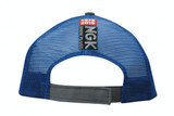 A cap with a blue mesh back, featuring a grey strap and embroidered branding on the back. A cap with a blue mesh back, featuring a grey strap and embroidered branding on the back.