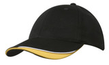 A black cap with a yellow indented peak and a contrasting trim, featuring a logo on the front.