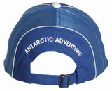 A blue cap featuring a mesh back and an adjustable strap, with logos on the side and back. A blue cap featuring a mesh back and an adjustable strap, with logos on the side and back.