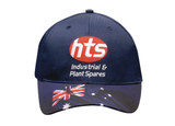 A navy blue cap featuring a logo and an Australian flag design on the front. A navy blue cap featuring a logo and an Australian flag design on the front.