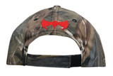 A camo 6-panel cap featuring a vibrant red logo on the back. The design includes shades of green and brown. A camo 6-panel cap featuring a vibrant red logo on the back. The design includes shades of green and brown.
