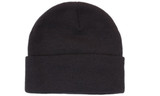 A black acrylic beanie with a folded cuff. It features a simple design and has a logo on the side. A black acrylic beanie with a folded cuff. It features a simple design and has a logo on the side.