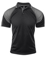 A black polo shirt with grey accents and a logo, featuring a classic collar and short sleeves.