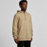 A beige hoodie featuring a front pocket and a hood, with a branding logo visible on the garment.
