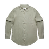 A light green button-up shirt with a collar and a single chest pocket, featuring a logo.