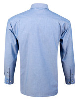 A blue men's chambray long sleeve button-up shirt, featuring a classic collar and buttoned cuffs.