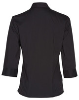A black women's Teflon executive 3/4 sleeve shirt with a button-up design and a logo on the back.