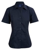 A short sleeve, button-up shirt in black with a fitted design and a collar, featuring a logo on the label.