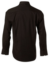 A black long sleeve button-up shirt with thin white stripes and a collar, featuring a logo on the back.