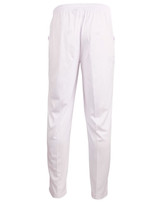 White kids' cricket pants with an elasticised waist and pockets, featuring a subtle logo.