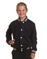 A navy blue children's fleece varsity jacket with white striped details and buttons, worn by a smiling child.