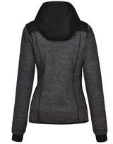 A ladies' jacket with a heather grey and black quilted design, featuring a hood and fitted silhouette.