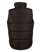 A heavy quilted vest in black, featuring a high collar and a simple design, with a logo on the back.