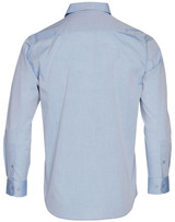 A light blue men's long sleeve button-up shirt featuring a simple design and branding on the back.