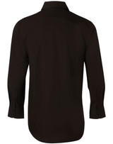 A black men's long-sleeve button-up shirt displayed from the back featuring a collar and buttoned cuffs.