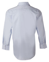 A light blue long-sleeve button-up shirt with a back view and a logo on the collar.