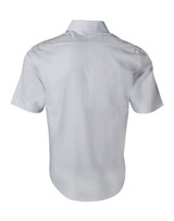 A light blue men's short-sleeve button-up shirt with a self-stripe pattern and a logo.