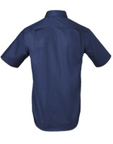 A navy blue short-sleeved button-up shirt with a plain back and a logo on the fabric.