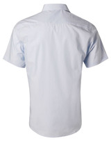 A short-sleeve, button-up shirt with fine stripes, in a light blue colour, featuring a logo on the back.