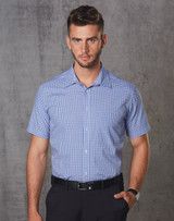 A short-sleeved, two-tone check button-up shirt in blue and white, featuring a fitted design and subtle branding.